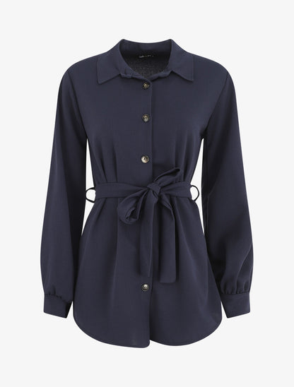 Chemise unie ceinturée oversize - Marine - 1