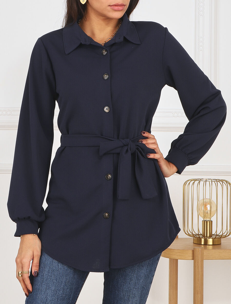 Chemise unie ceinturée oversize - Marine - 4