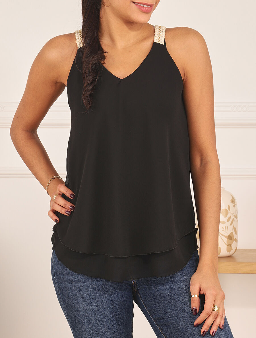 Top en voile à bretelles crochet - Noir - 4