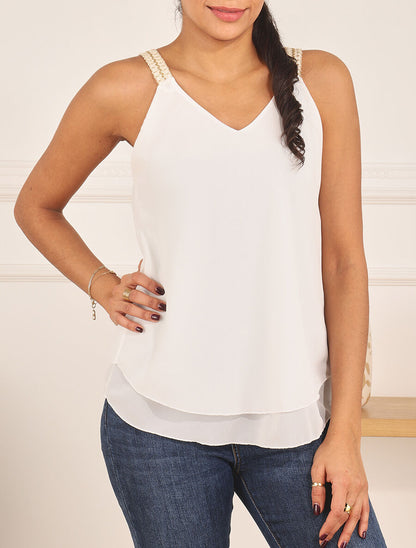 Top en voile à bretelles crochet - Blanc - 4