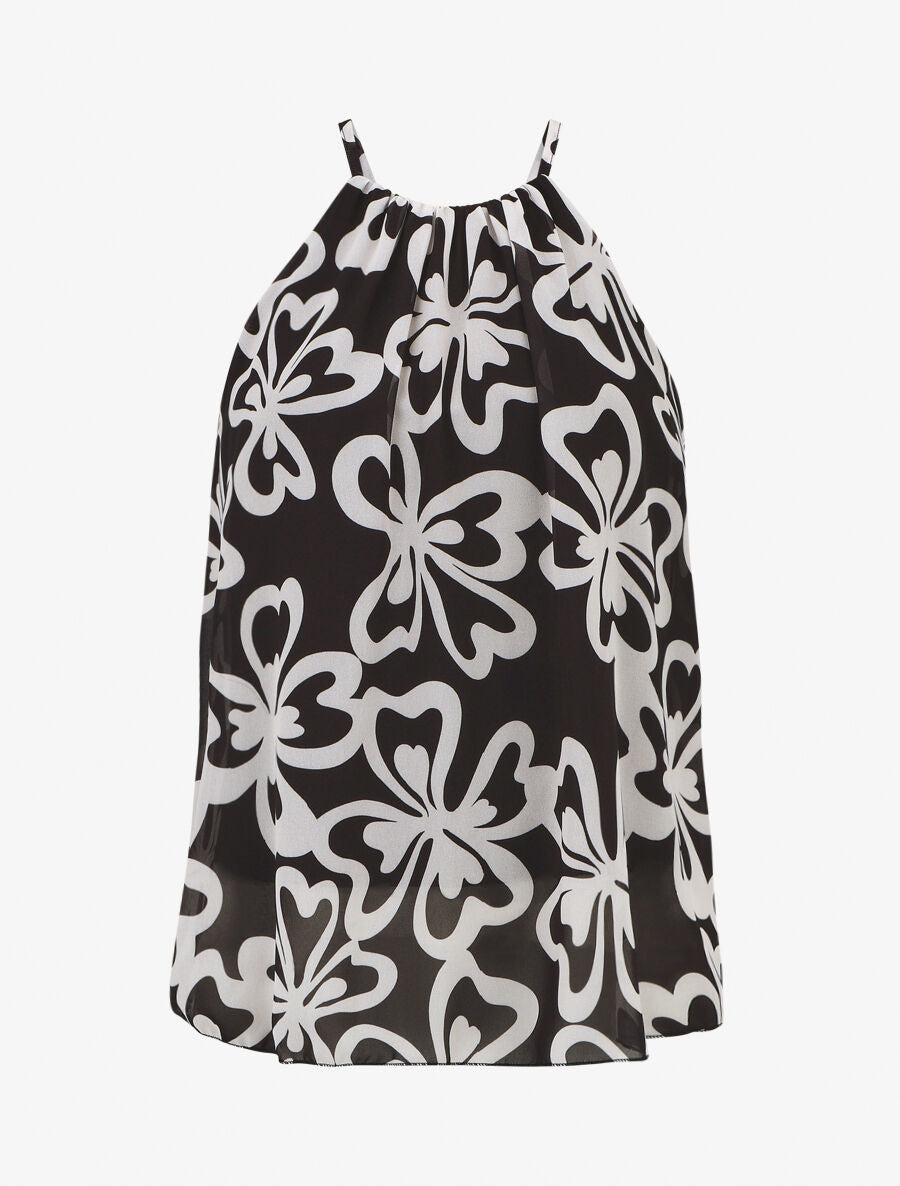 Top sans manches col américain imprimé grandes fleurs - Noir - 1