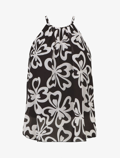 Top sans manches col américain imprimé grandes fleurs - Noir - 1