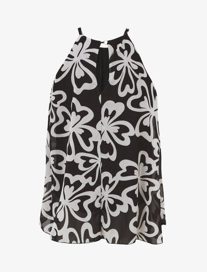 Top sans manches col américain imprimé grandes fleurs - Noir - 2