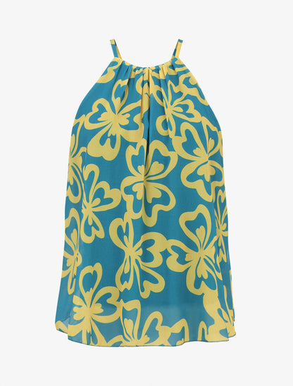 Top sans manches col américain imprimé grandes fleurs - Bleu turquoise - 1