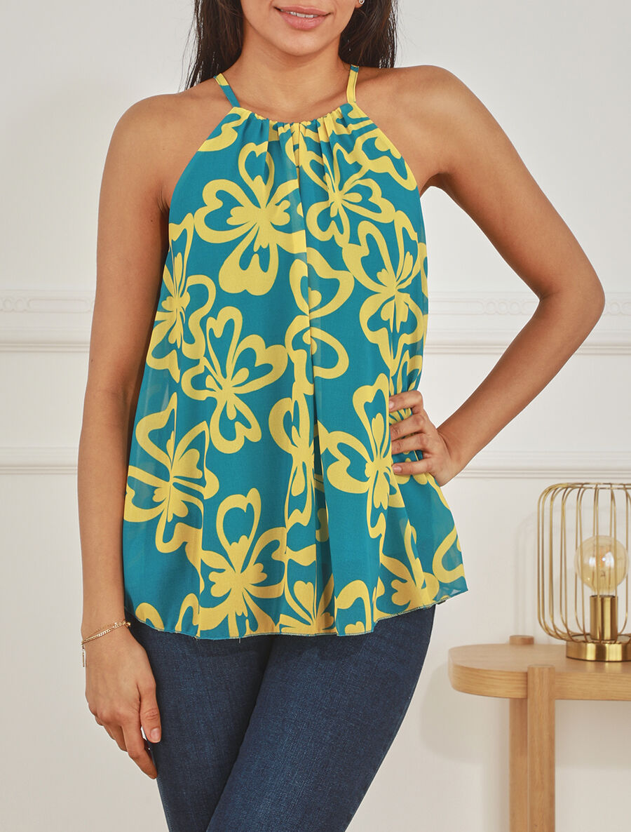Top sans manches col américain imprimé grandes fleurs - Bleu turquoise - 4