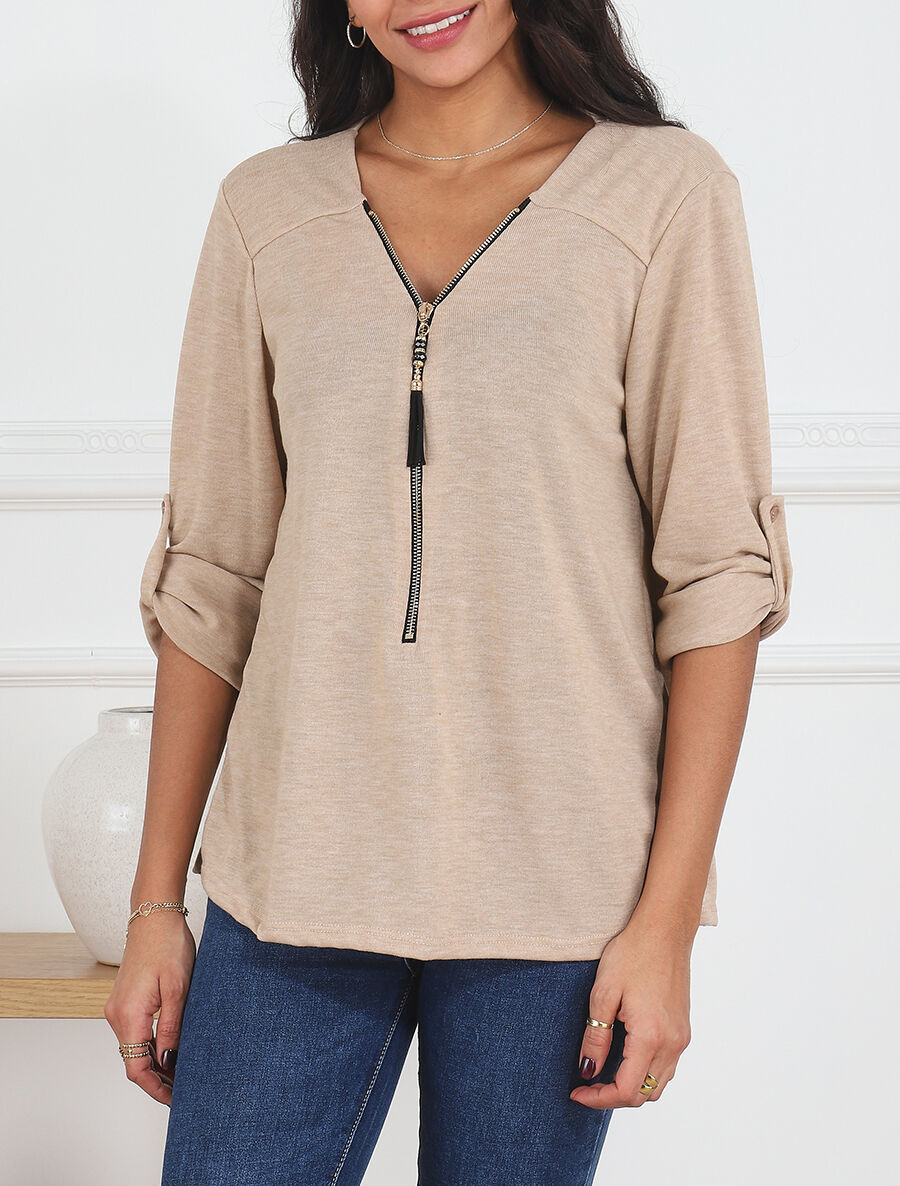 Pull fin à col V zippé - Beige - 4
