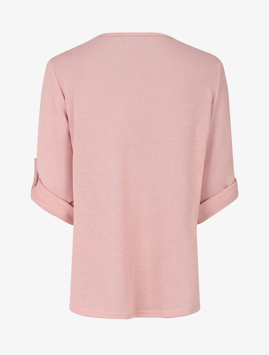 Pull fin à col V zippé - Rose - 2