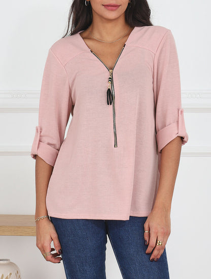 Pull fin à col V zippé - Rose - 4
