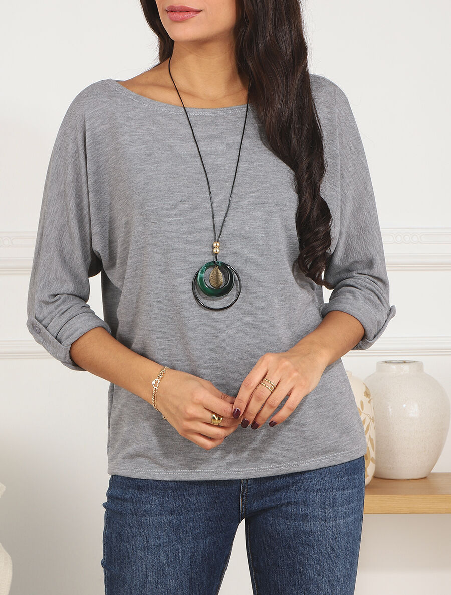 Pull fin à manches retroussables - Gris - 4