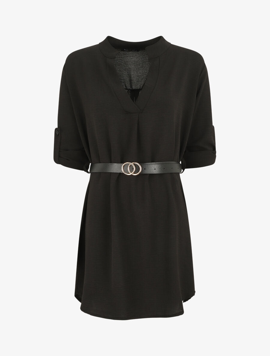 Robe droite à manches retroussables - Noir - 1