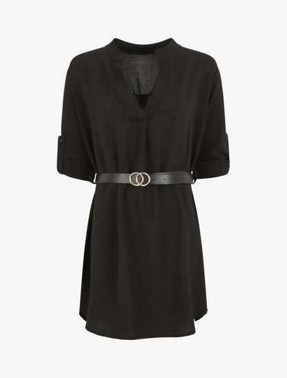 Robe droite à manches retroussables - Noir - 1