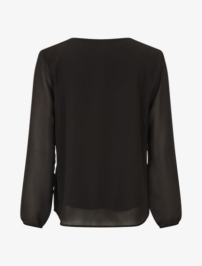 Blouse unie à manches longues et col en dentelle - Noir - 2