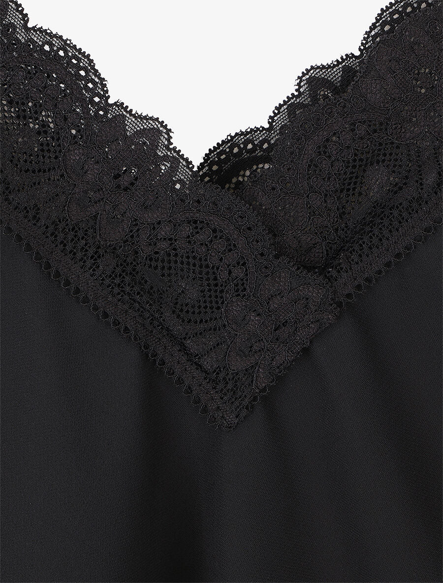 Caraco uni col V à détail dentelle - Noir - 3
