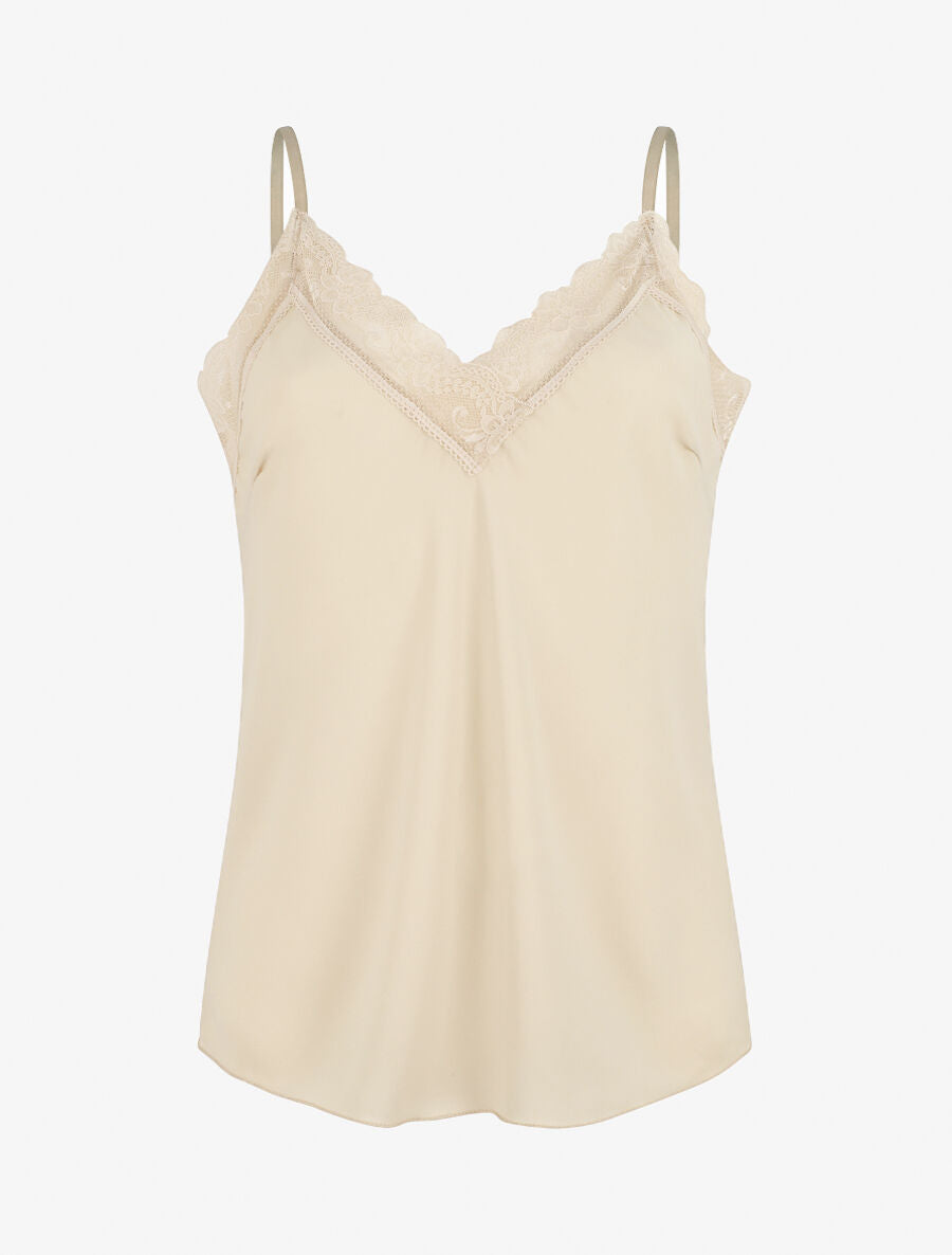 Caraco uni col V à détail dentelle - Beige - 1
