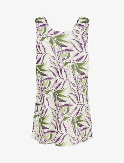 Top satiné imprimé feuilles à col bénitier - Crème - 2