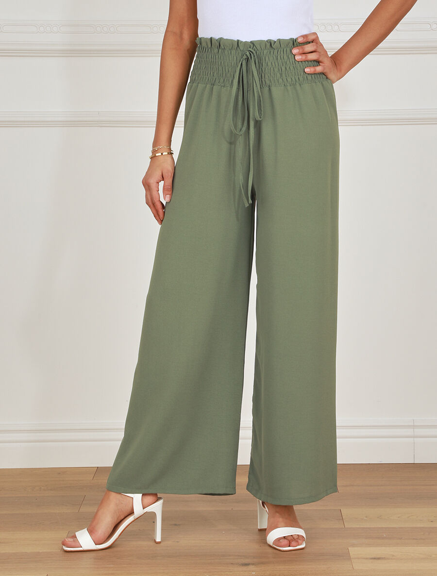Pantalon uni ample taille haute élastiquée - Vert - 4