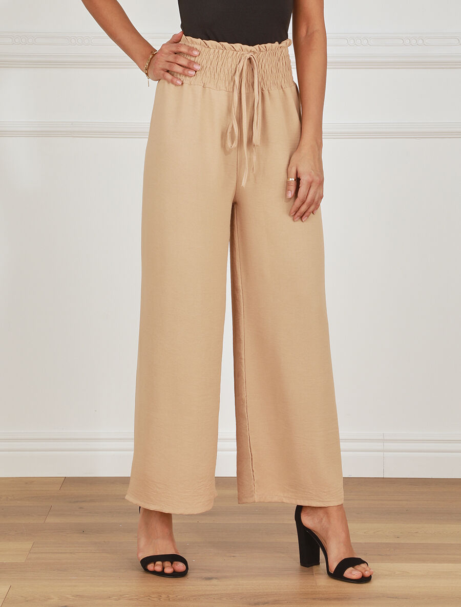 Pantalon uni ample taille haute élastiquée - Beige - 4