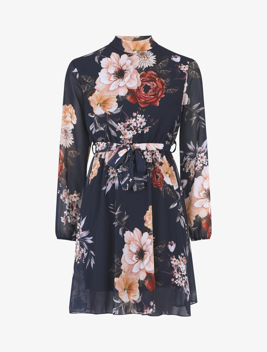 Robe imprimé floral manches longues col montant - Marine - 1