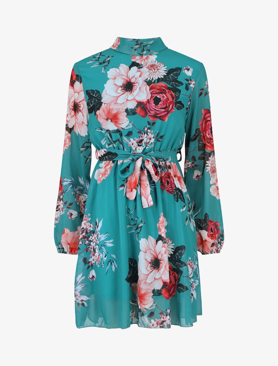 Robe imprimé floral manches longues col montant - Bleu canard - 5