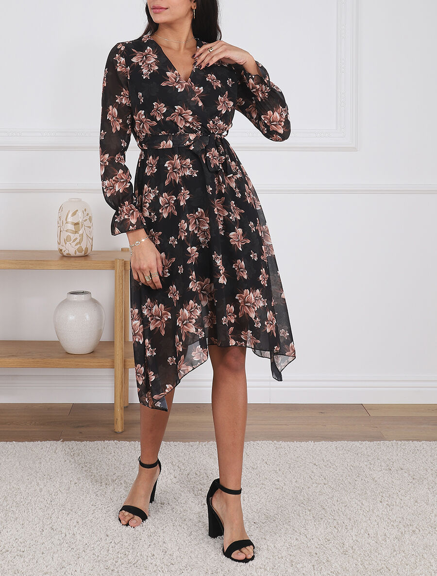 Robe élastiquée à imprimé fleuri - Noir - 4