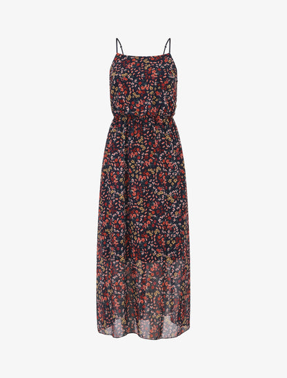 Robe longue fleurie à fines bretelles - Marine - 1