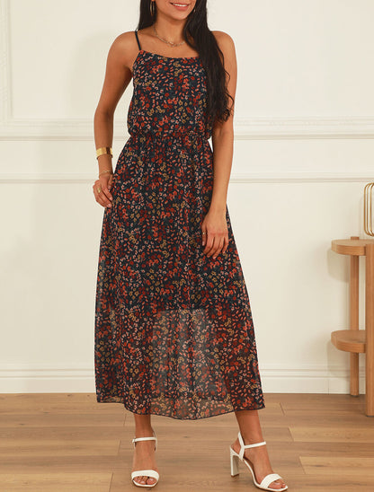 Robe longue fleurie à fines bretelles - Marine - 4