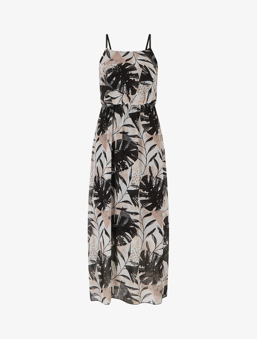 Robe longue imprimé végétal à fines bretelles - Noir/beige - 5