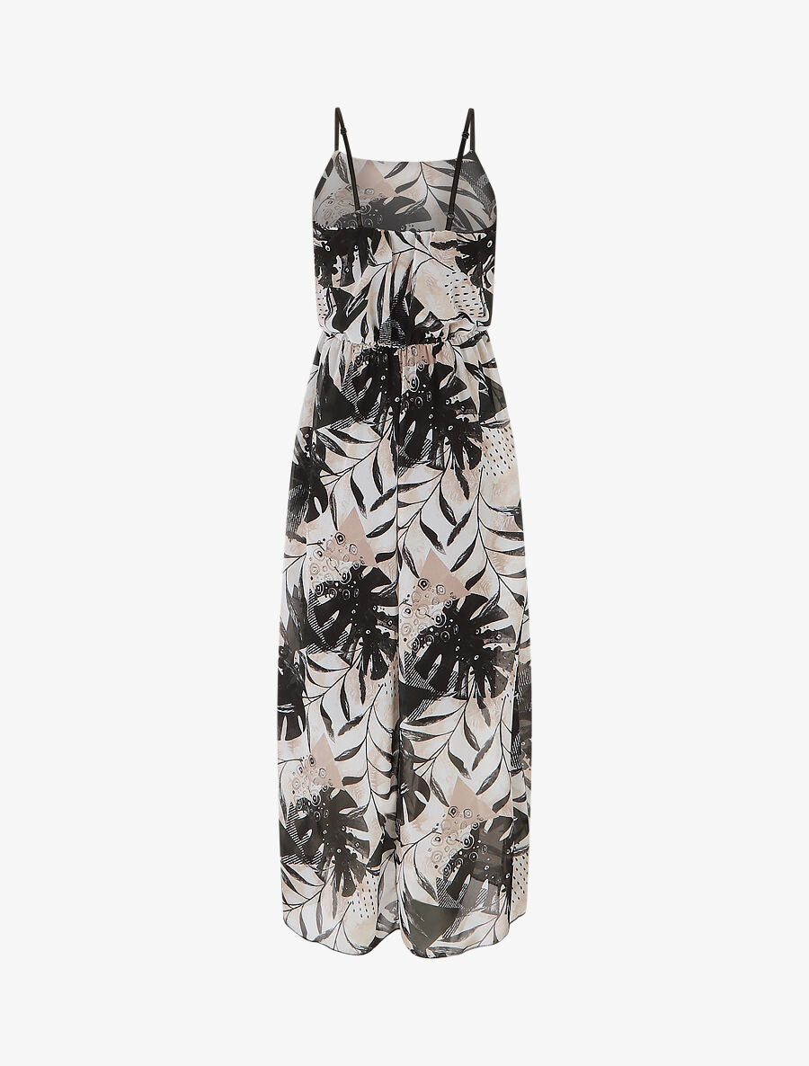 Robe longue imprimé végétal à fines bretelles - Noir/beige - 2