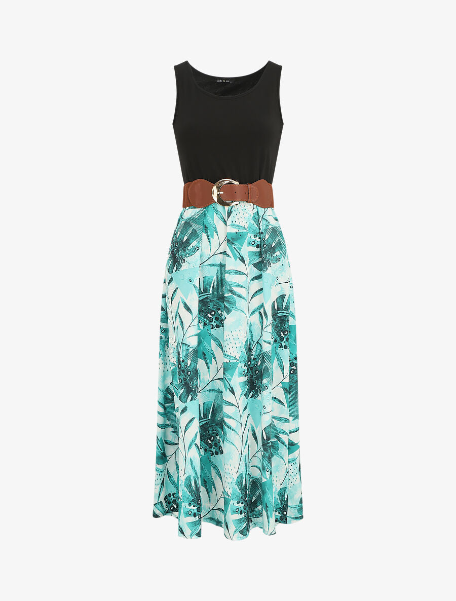 Robe longue sans manches imprimé tropical - Turquoise - 1