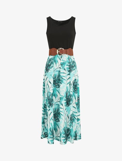 Robe longue sans manches imprimé tropical - Turquoise - 1