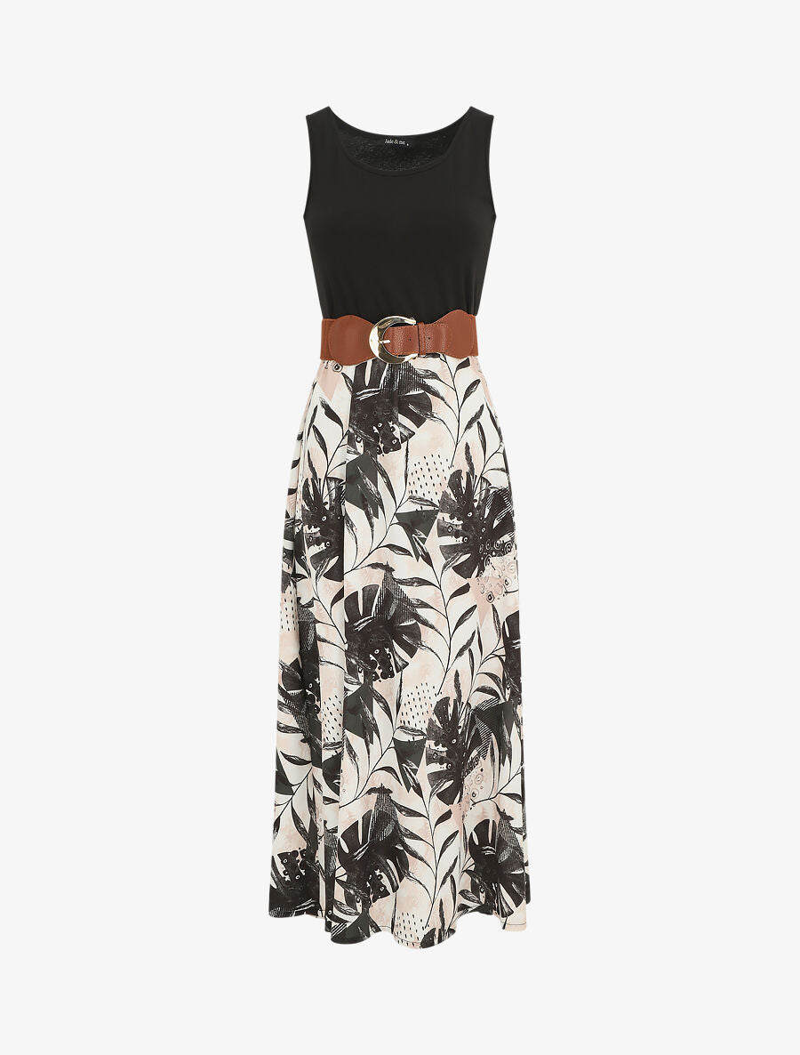 Robe longue sans manches imprimé tropical - Noir - 5