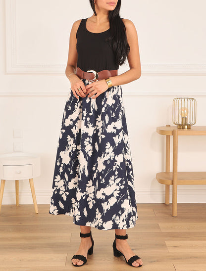 Robe longue sans manches imprimé fleurs - Marine - 4