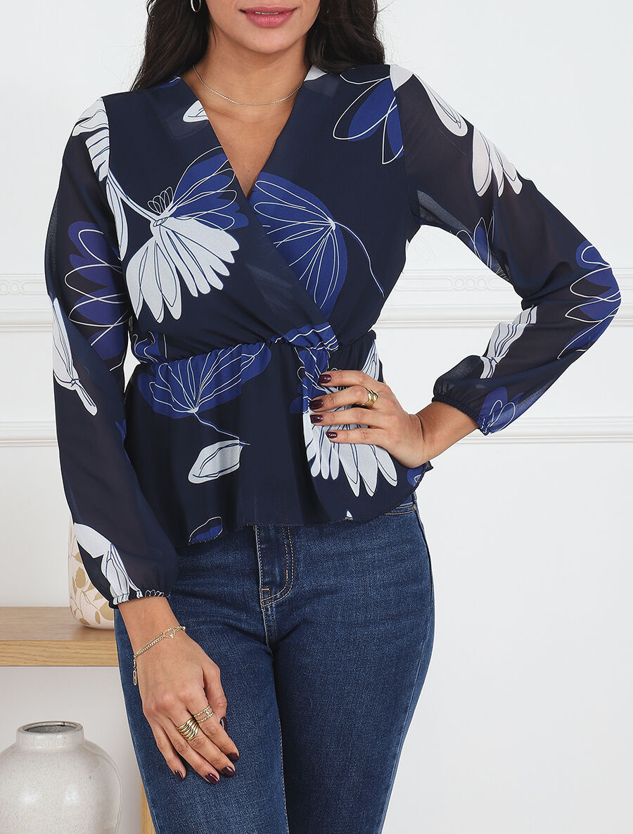 Top élastiqué à imprimé fleuri - Marine - 4