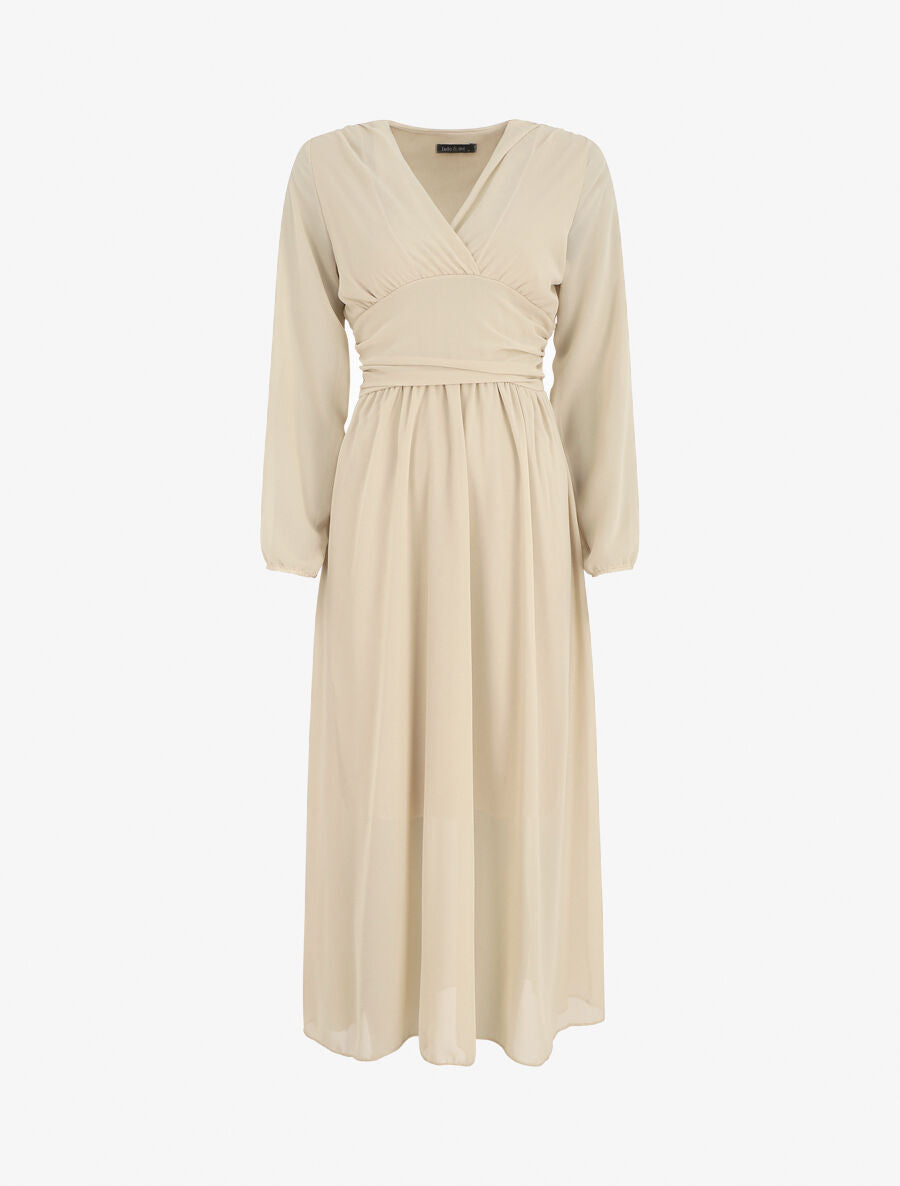 Robe longue élastiquée à col cache-coeur - Beige - 5