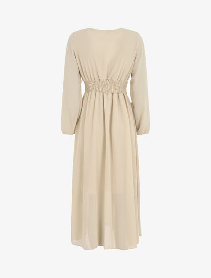 Robe longue élastiquée à col cache-coeur - Beige - 2