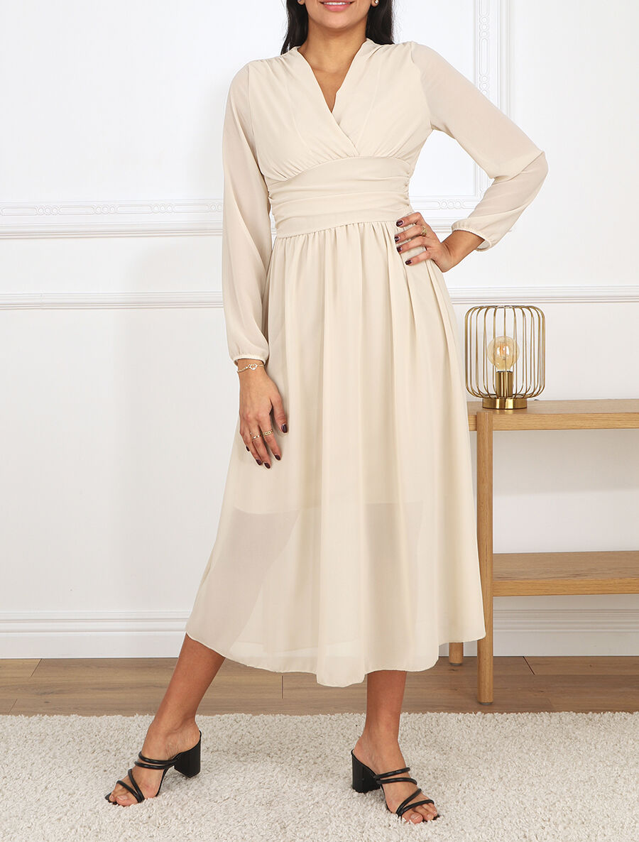 Robe longue élastiquée à col cache-coeur - Beige - 4