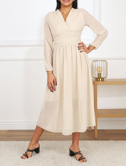 Robe longue élastiquée à col cache-coeur - Beige - 4