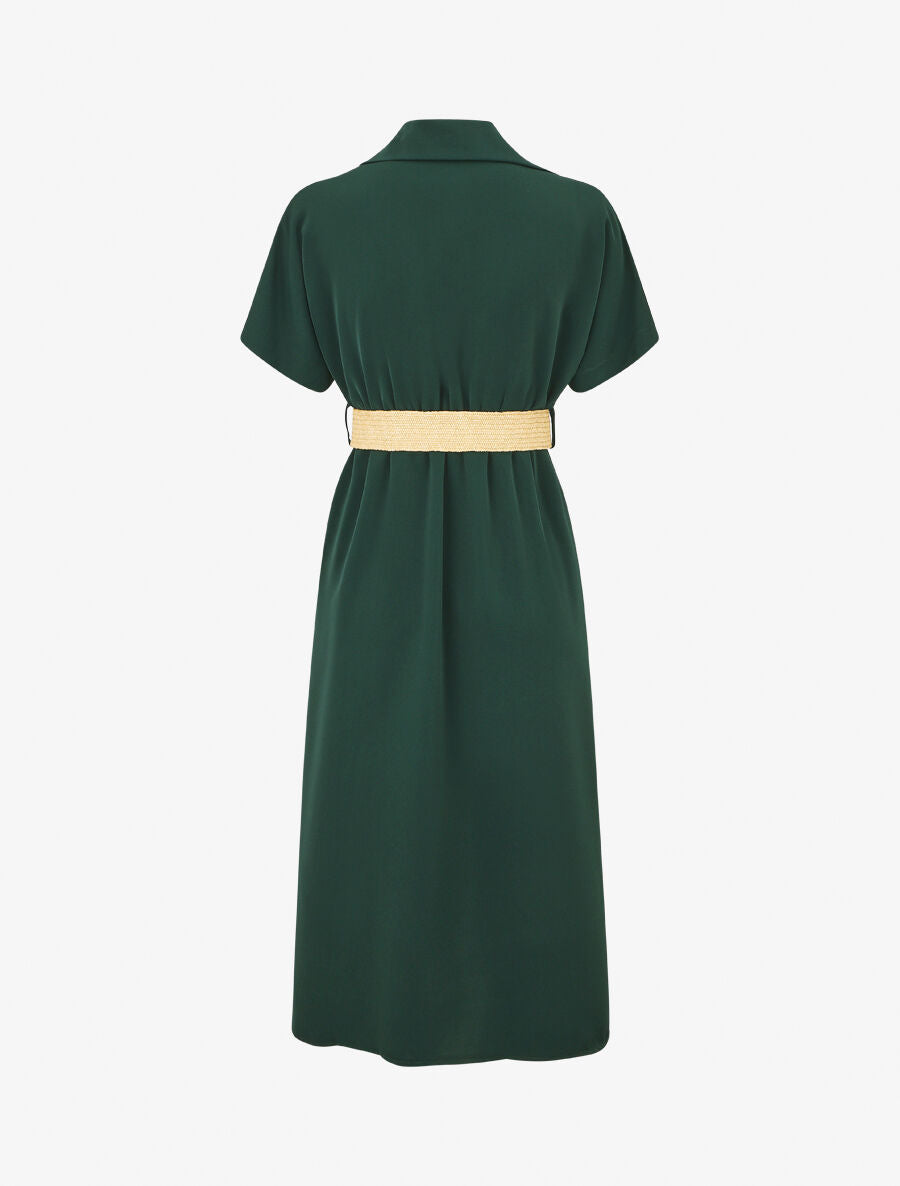 Robe chemise longue unie manches courtes - Vert foncé - 2