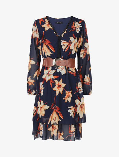 Robe élastiquée à imprimé fleurs - Marine - 1