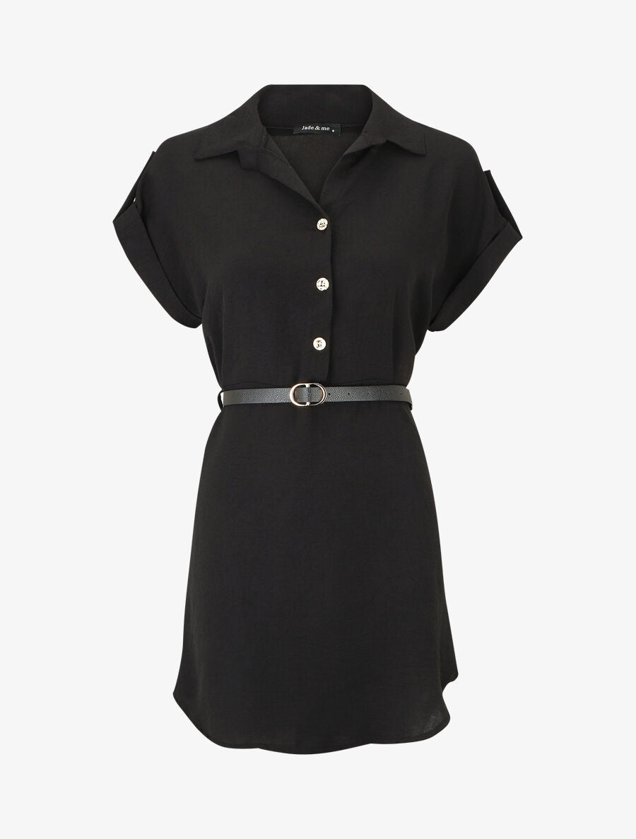 Robe courte unie style chemise - Noir - 1