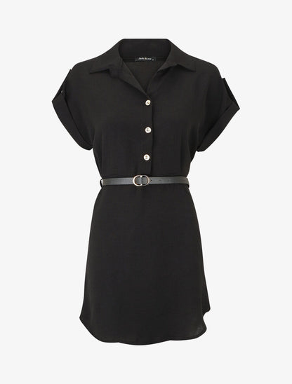 Robe courte unie style chemise - Noir - 1