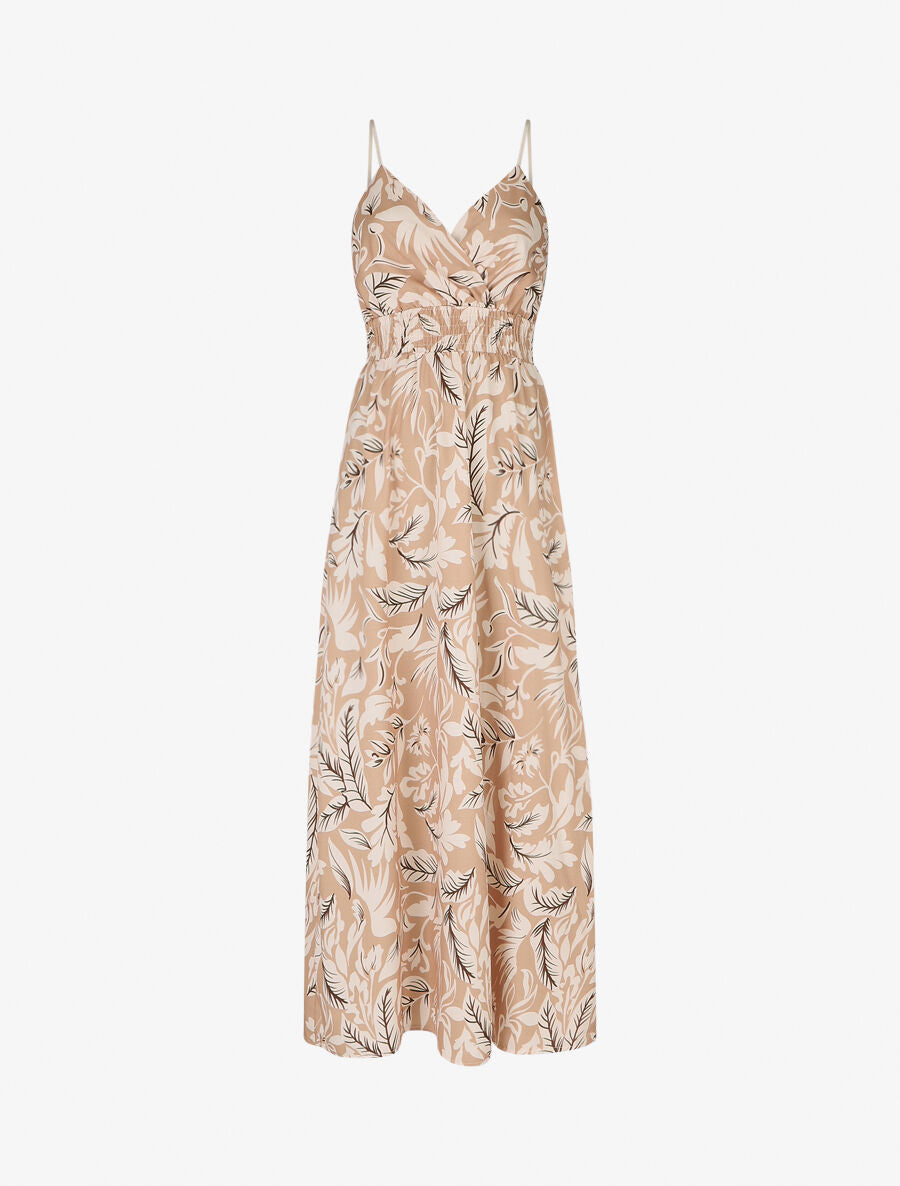 Robe longue à bretelles imprimé feuilles - Beige - 1