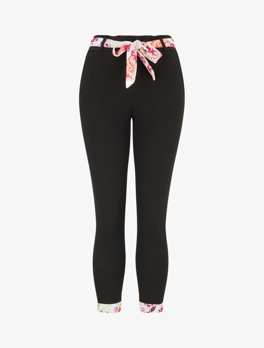 Pantalon slim taille haute à revers fleuri - Noir/blanc - 1