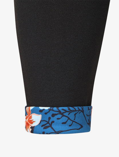Pantalon slim taille haute à revers fleuri - Noir/bleu - 3