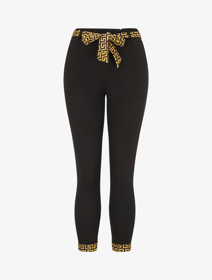 Pantalon slim taille haute à revers motif grec - Noir/jaune - 1