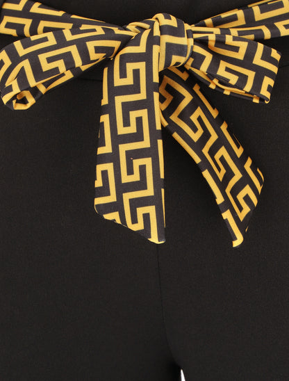 Pantalon slim taille haute à revers motif grec - Noir/jaune - 3