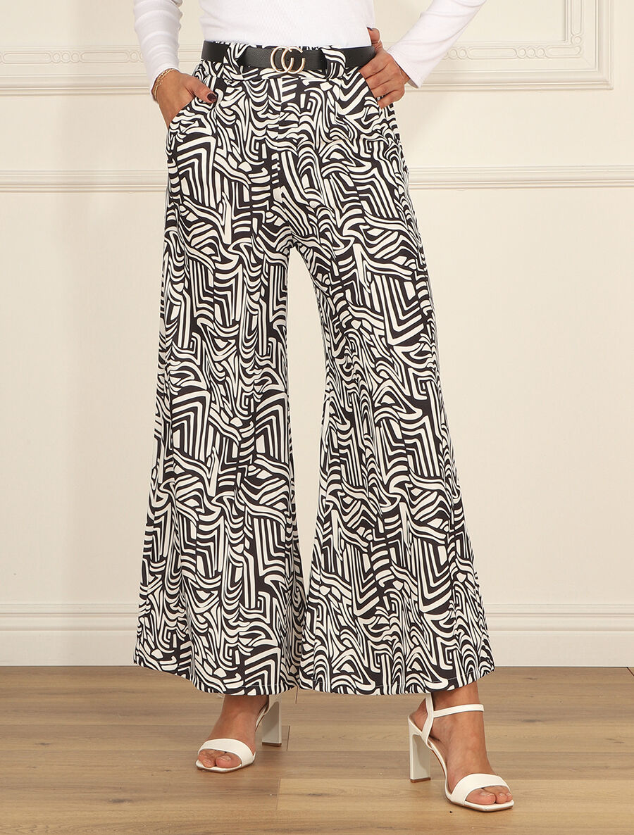 Pantalon large coupe flare à imprimé graphique - Noir - 4