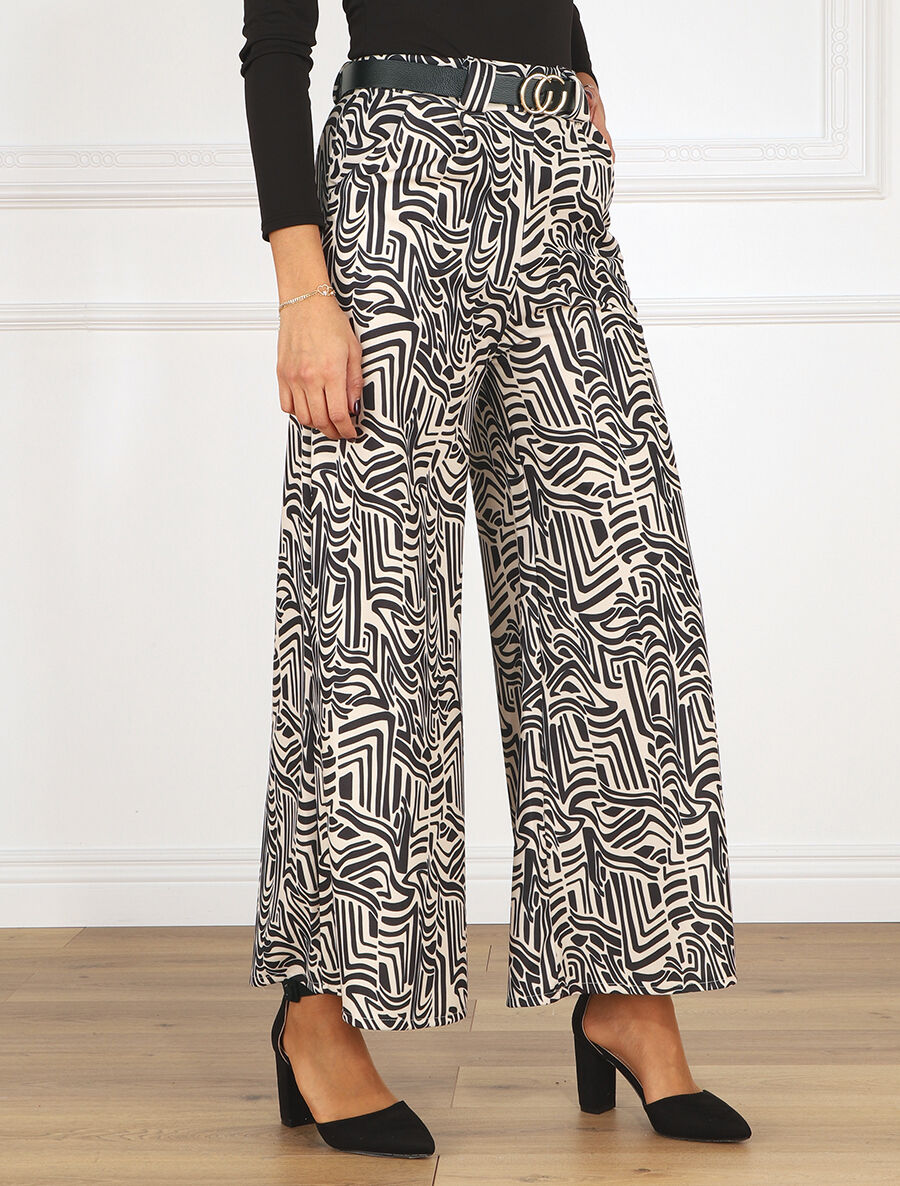 Pantalon large coupe flare à imprimé graphique - Beige - 4