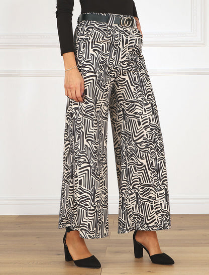 Pantalon large coupe flare à imprimé graphique - Beige - 4