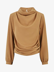 Blouse unie à col bénitier montant - Camel - 4